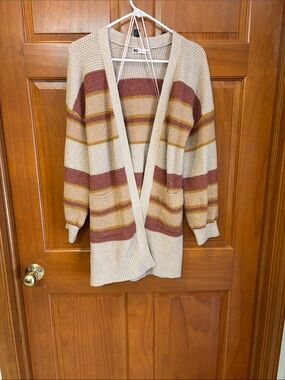 SO Striped Open-Front Cardigan in Cream, Rust, and Mustard